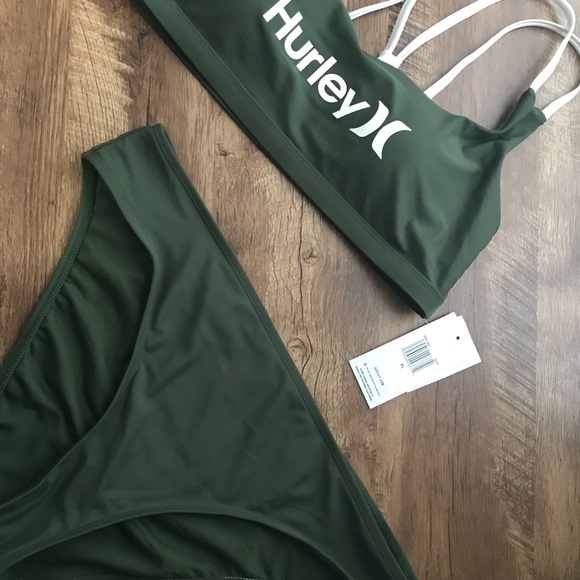 NWT Hurley High Waisted Strappy Back 2 Piece Olive Green XL - Picture 1 of 9